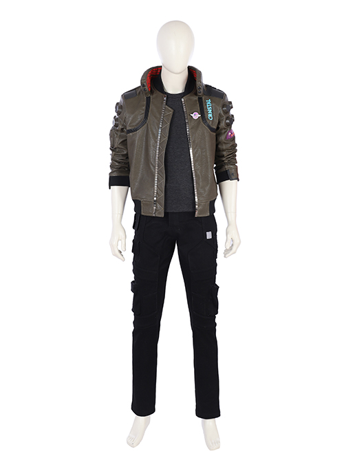 Cyberpunk 2077 Male Role Army Green Jacket Suit Halloween Cosplay Costume Gray T-Shirt