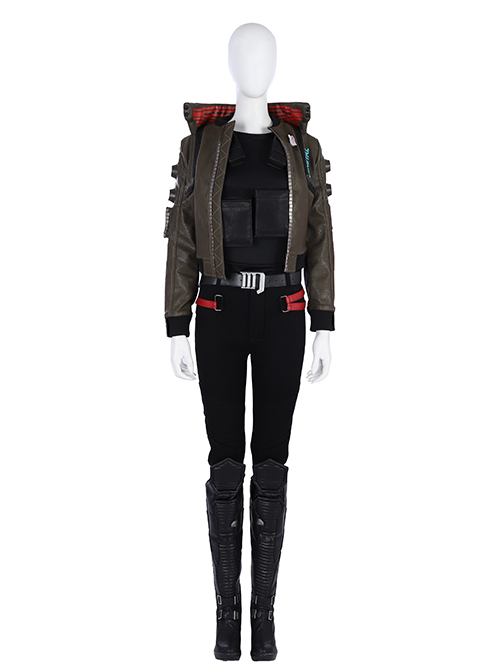 Cyberpunk 2077 Female Role Army Green Jacket Suit Halloween Cosplay Accessories Black Boots