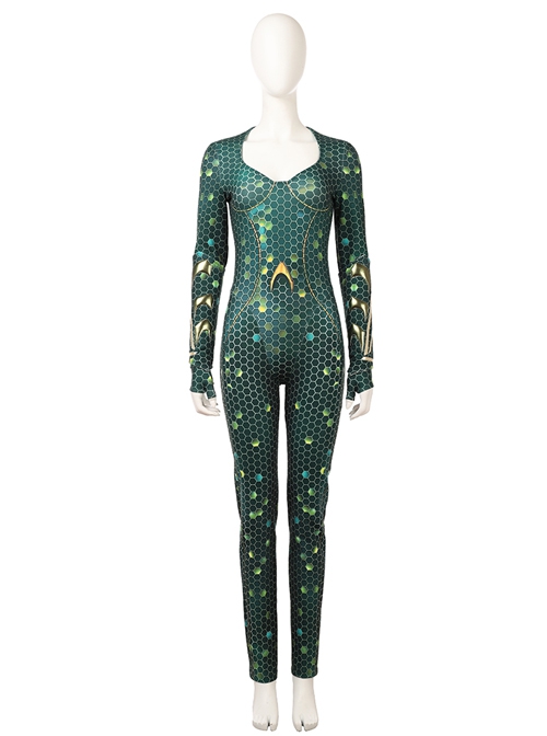 Aquaman Mera Green Scale Print Battle Suit Halloween Cosplay Costume Green Bodysuit