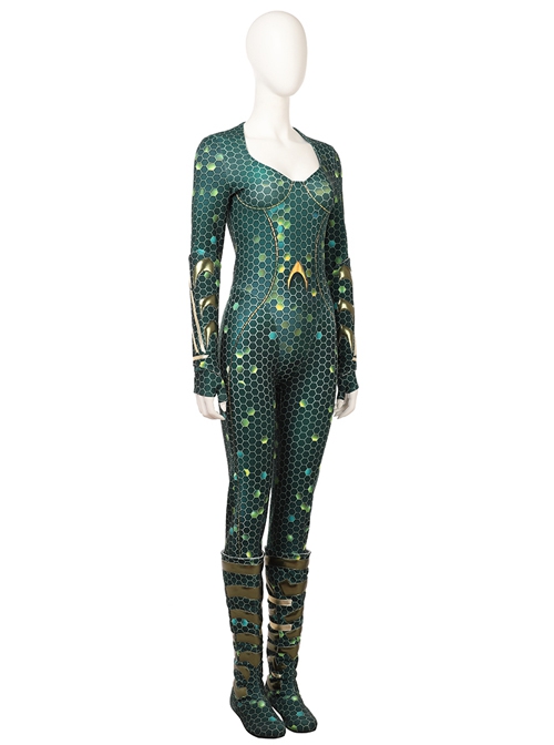 Aquaman Mera Green Scale Print Battle Suit Halloween Cosplay Costume Green Bodysuit