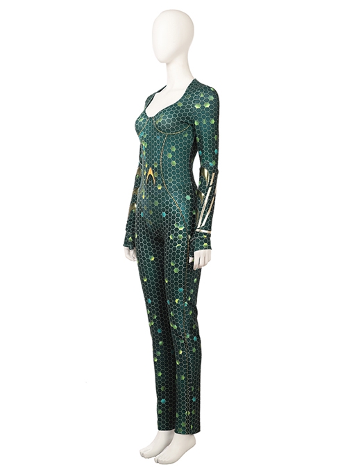 Aquaman Mera Green Scale Print Battle Suit Halloween Cosplay Costume Green Bodysuit