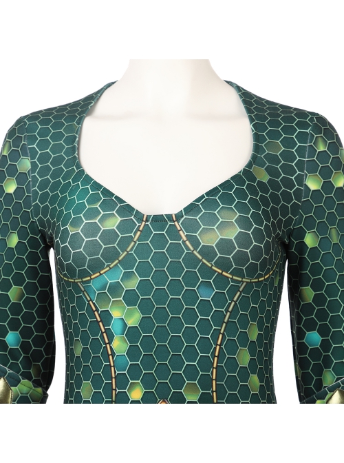 Aquaman Mera Green Scale Print Battle Suit Halloween Cosplay Costume Green Bodysuit