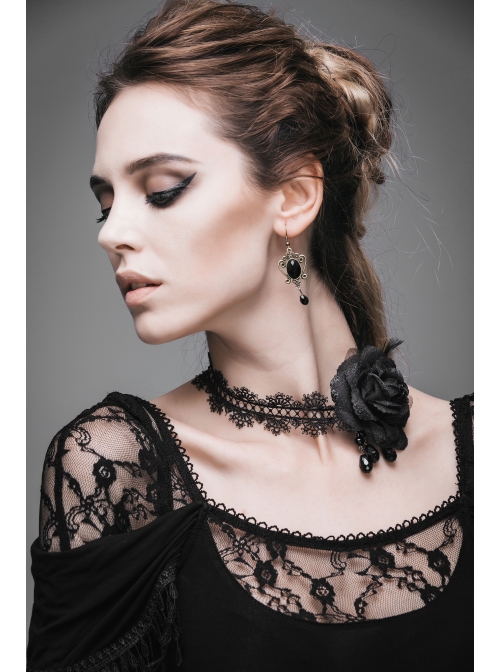 Gothic Shining Rose Beads Chain Black Lace Choker