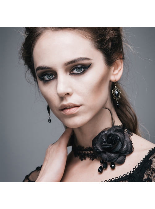 Gothic Shining Rose Beads Chain Black Lace Choker
