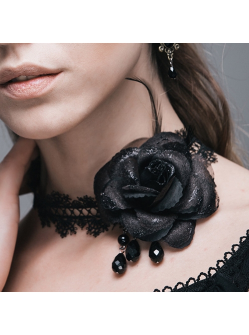 Gothic Shining Rose Beads Chain Black Lace Choker