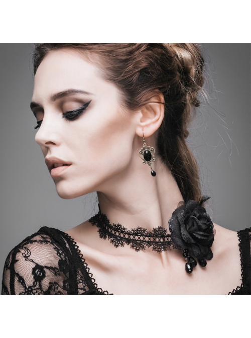 Gothic Shining Rose Beads Chain Black Lace Choker