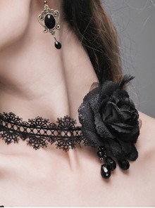 Gothic Shining Rose Beads Chain Black Lace Choker
