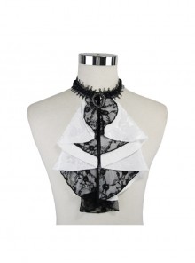 Gothic White Jacquard Black Lace Jewel Pins Tie