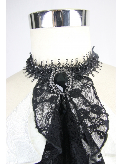 Gothic White Jacquard Black Lace Jewel Pins Tie
