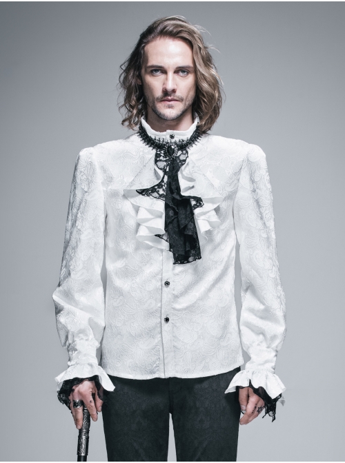 Gothic White Jacquard Black Lace Jewel Pins Tie