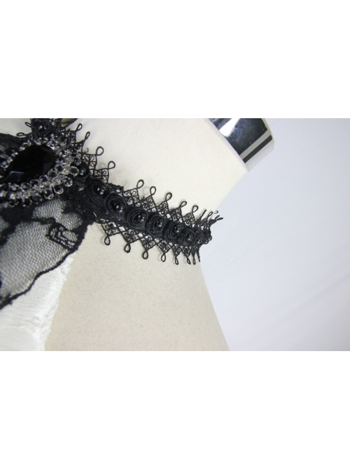 Gothic White Jacquard Black Lace Jewel Pins Tie