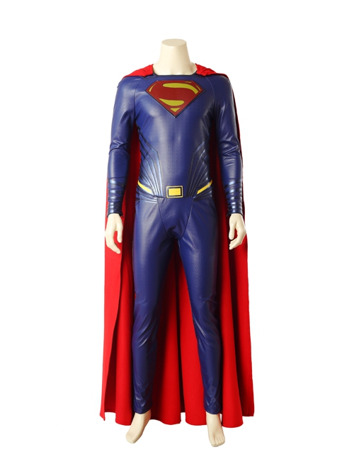 Justice League Superman Clark Kent Blue Battle Suit Halloween Cosplay Costume Red Cloak