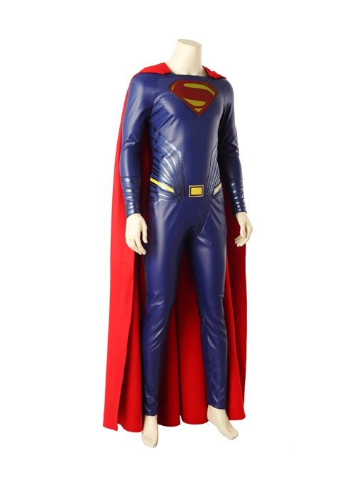 Justice League Superman Clark Kent Blue Battle Suit Halloween Cosplay Costume Red Cloak