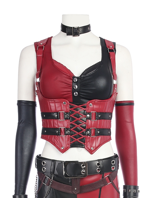 Game Batman Arkham City Harley Quinn Halloween Cosplay Costume Red Corset
