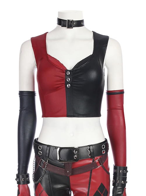 Game Batman Arkham City Harley Quinn Halloween Cosplay Costume Red-Black Bottoming Vest
