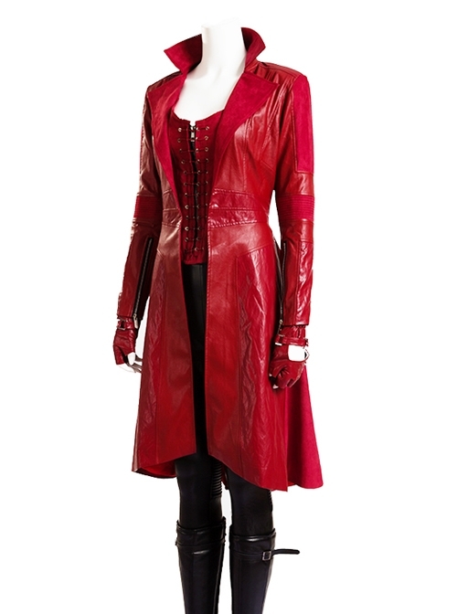 Marvel America Captain 3 Scarlet Witch Halloween Cosplay Red Long Leather Jacket