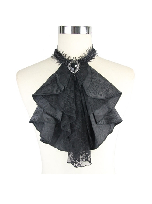 Gothic Black Jacquard Lace Jewel Pins Tie