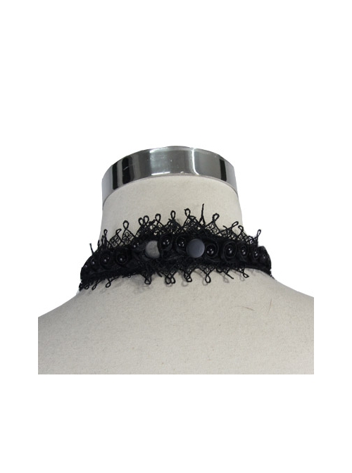Gothic Black Jacquard Lace Jewel Pins Tie