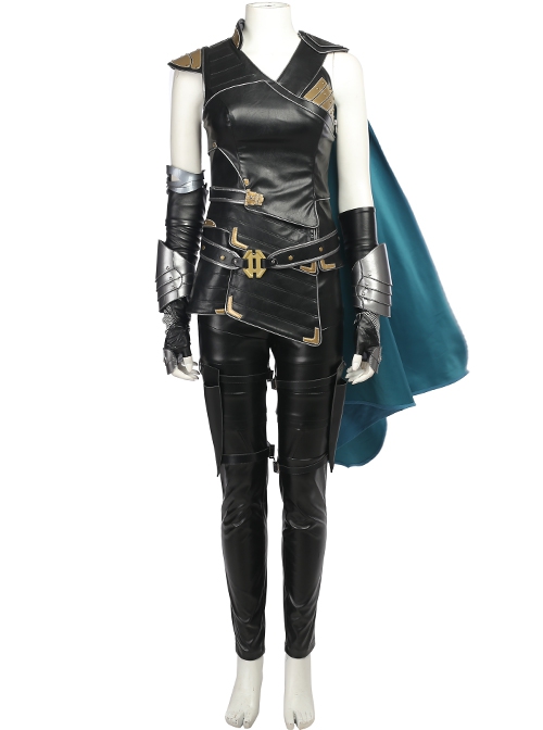 Thor Ragnarok Valkyrie Black Battle Suit Halloween Cosplay Costume Blue Cloak