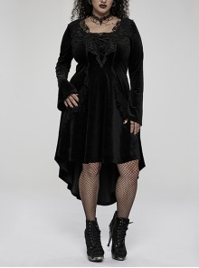 Gothic Gorgeous Velvet Fabric Embroidered Jacquard Neckline Irregular Hem Trumpet Sleeve Black Dress