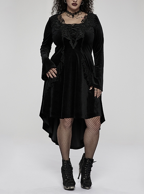 Gothic Gorgeous Velvet Fabric Embroidered Jacquard Neckline Irregular Hem Trumpet Sleeve Black Dress