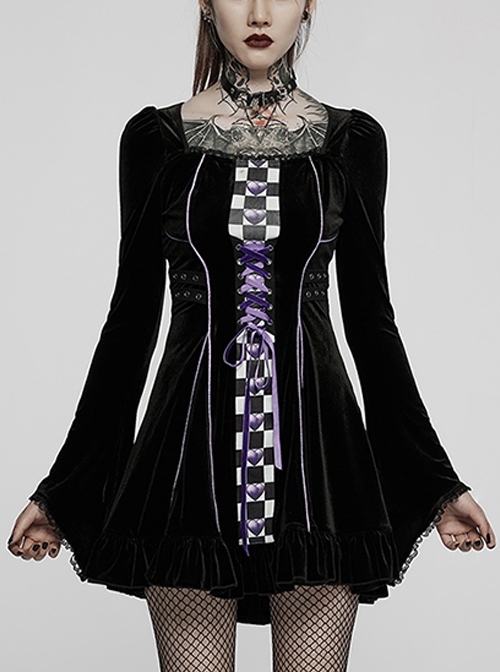 Velvet Tie Black Small Square Neck Corset Heart Check Gothic Long Sleeve Pleated Hem Cool Dress