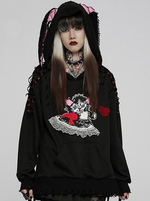 Black Irregular Hem Ripped Cute Long Ears Loose Gothic Cool Cat Print Pocket Hoodie