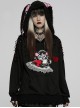 Black Irregular Hem Ripped Cute Long Ears Loose Gothic Cool Cat Print Pocket Hoodie