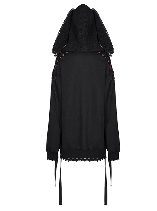Black Irregular Hem Ripped Cute Long Ears Loose Gothic Cool Cat Print Pocket Hoodie
