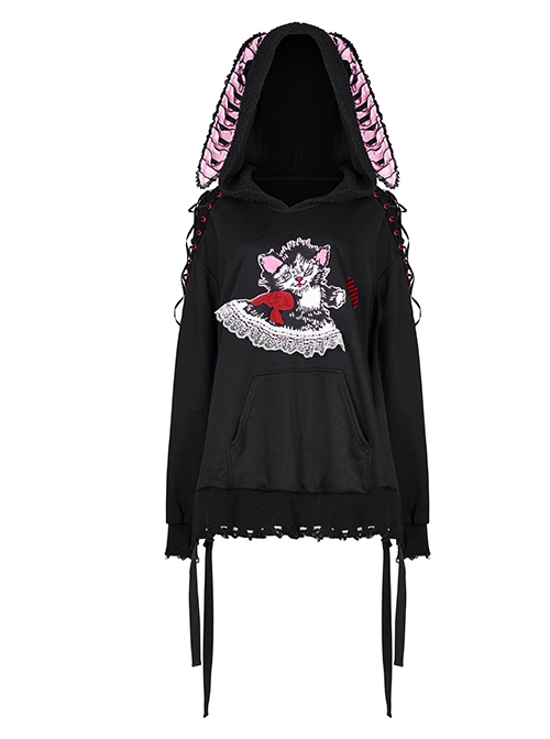 Black Irregular Hem Ripped Cute Long Ears Loose Gothic Cool Cat Print Pocket Hoodie