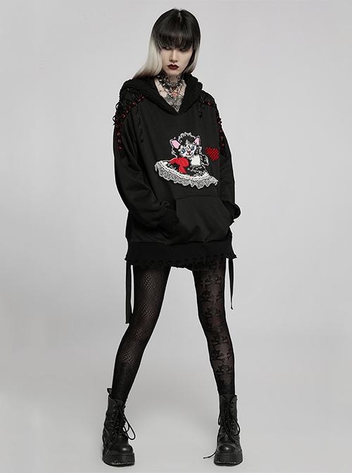 Black Irregular Hem Ripped Cute Long Ears Loose Gothic Cool Cat Print Pocket Hoodie