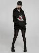 Black Irregular Hem Ripped Cute Long Ears Loose Gothic Cool Cat Print Pocket Hoodie