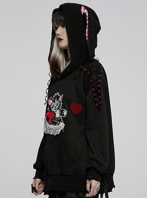 Black Irregular Hem Ripped Cute Long Ears Loose Gothic Cool Cat Print Pocket Hoodie