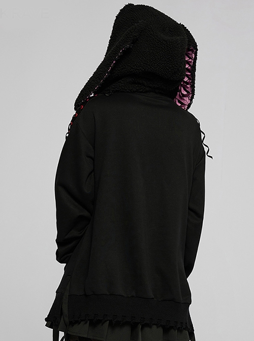Black Irregular Hem Ripped Cute Long Ears Loose Gothic Cool Cat Print Pocket Hoodie