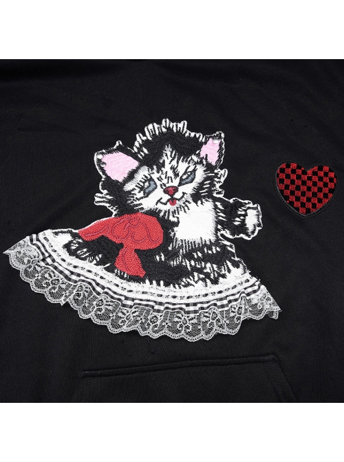 Black Irregular Hem Ripped Cute Long Ears Loose Gothic Cool Cat Print Pocket Hoodie