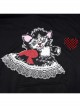 Black Irregular Hem Ripped Cute Long Ears Loose Gothic Cool Cat Print Pocket Hoodie
