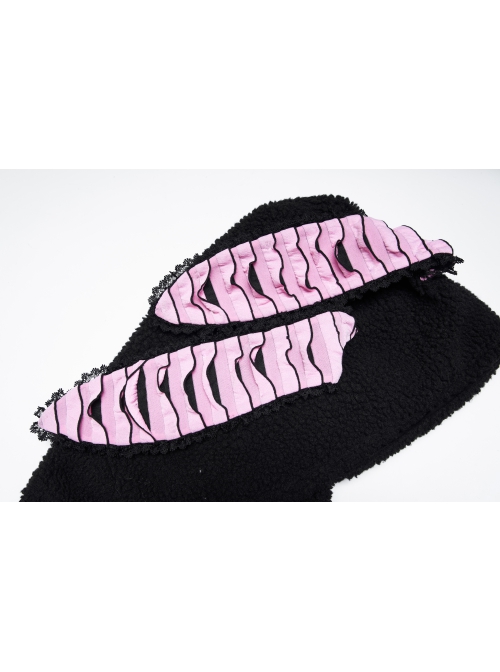 Black Irregular Hem Ripped Cute Long Ears Loose Gothic Cool Cat Print Pocket Hoodie