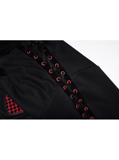 Black Irregular Hem Ripped Cute Long Ears Loose Gothic Cool Cat Print Pocket Hoodie