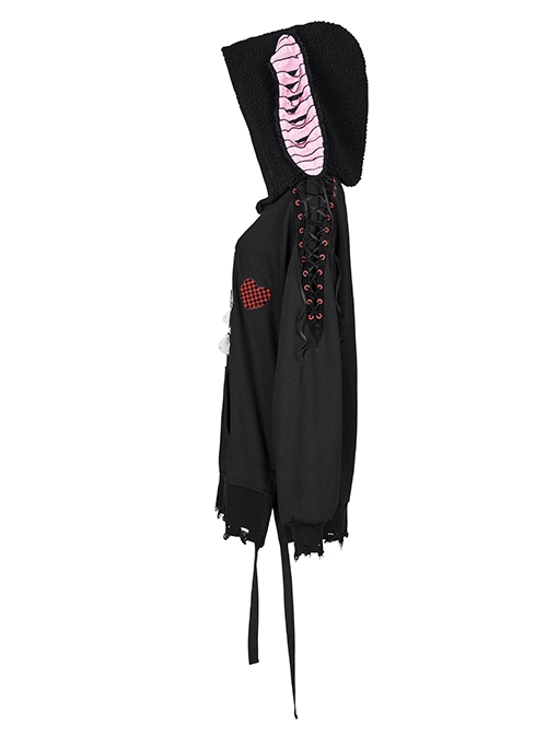 Black Irregular Hem Ripped Cute Long Ears Loose Gothic Cool Cat Print Pocket Hoodie