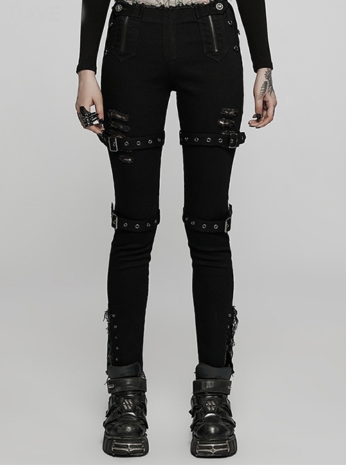 Low-Rise Statement Detachable Strap Zipper Black Ripped Punk Split Raw-Trimmed Flared Leggings