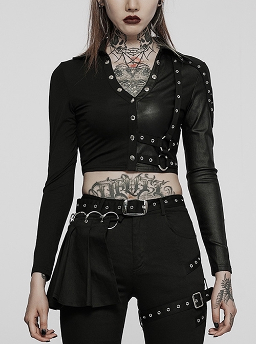 Super Cool Slim Fit Black Strap Sexy Gothic Cropped Pullover Long Sleeve Polo Tee