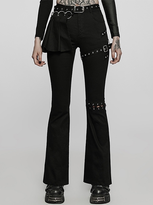 Punk Style Statement Low Rise Detachable Belt Pleated Charm Black Rock Cutout Flared Leggings