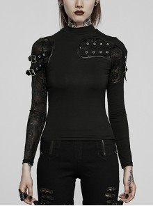 Half Turtleneck Lace Skull Panel Black Sexy Cropped Gothic Knit Long Sleeve T-Shirt