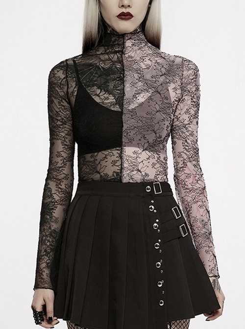 Lace Red  Black Stitching Simple Sexy Gothic Style Thin See-Through Horn Long-Sleeved T-Shirt
