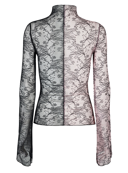 Lace Red  Black Stitching Simple Sexy Gothic Style Thin See-Through Horn Long-Sleeved T-Shirt