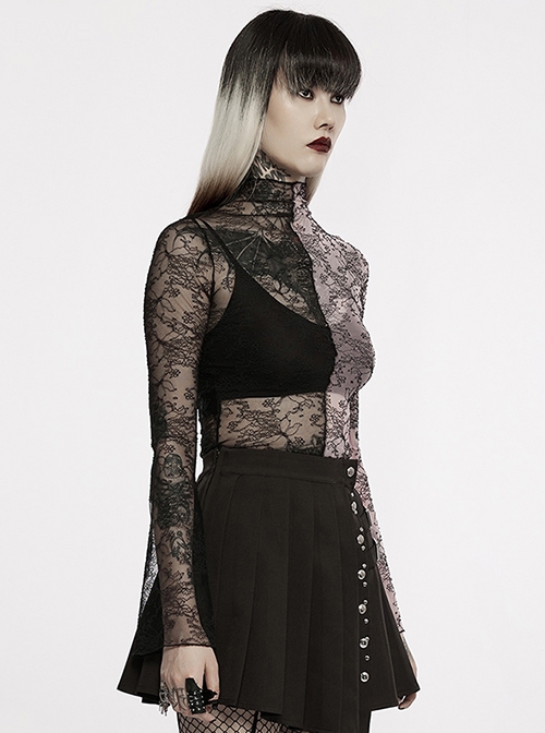 Lace Red  Black Stitching Simple Sexy Gothic Style Thin See-Through Horn Long-Sleeved T-Shirt