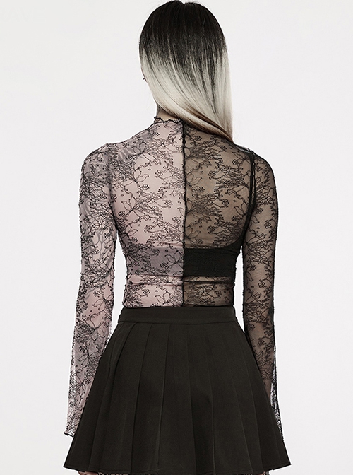 Lace Red  Black Stitching Simple Sexy Gothic Style Thin See-Through Horn Long-Sleeved T-Shirt