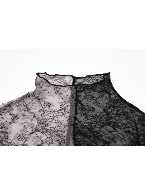 Lace Red  Black Stitching Simple Sexy Gothic Style Thin See-Through Horn Long-Sleeved T-Shirt