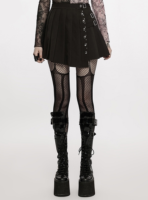 Super Cool Pleated Irregular Black Personalized Rivet Punk Style Invisible Zipper Skirt