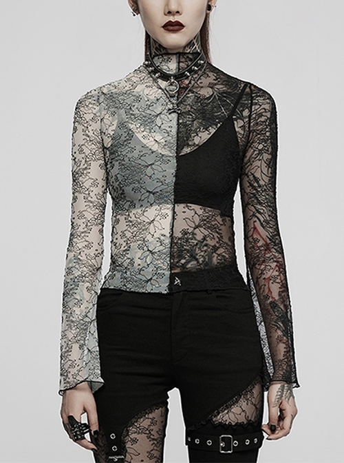 Lace White  Black Stitching Simple Sexy Gothic Style Thin See-Through Horn Long-Sleeved T-Shirt